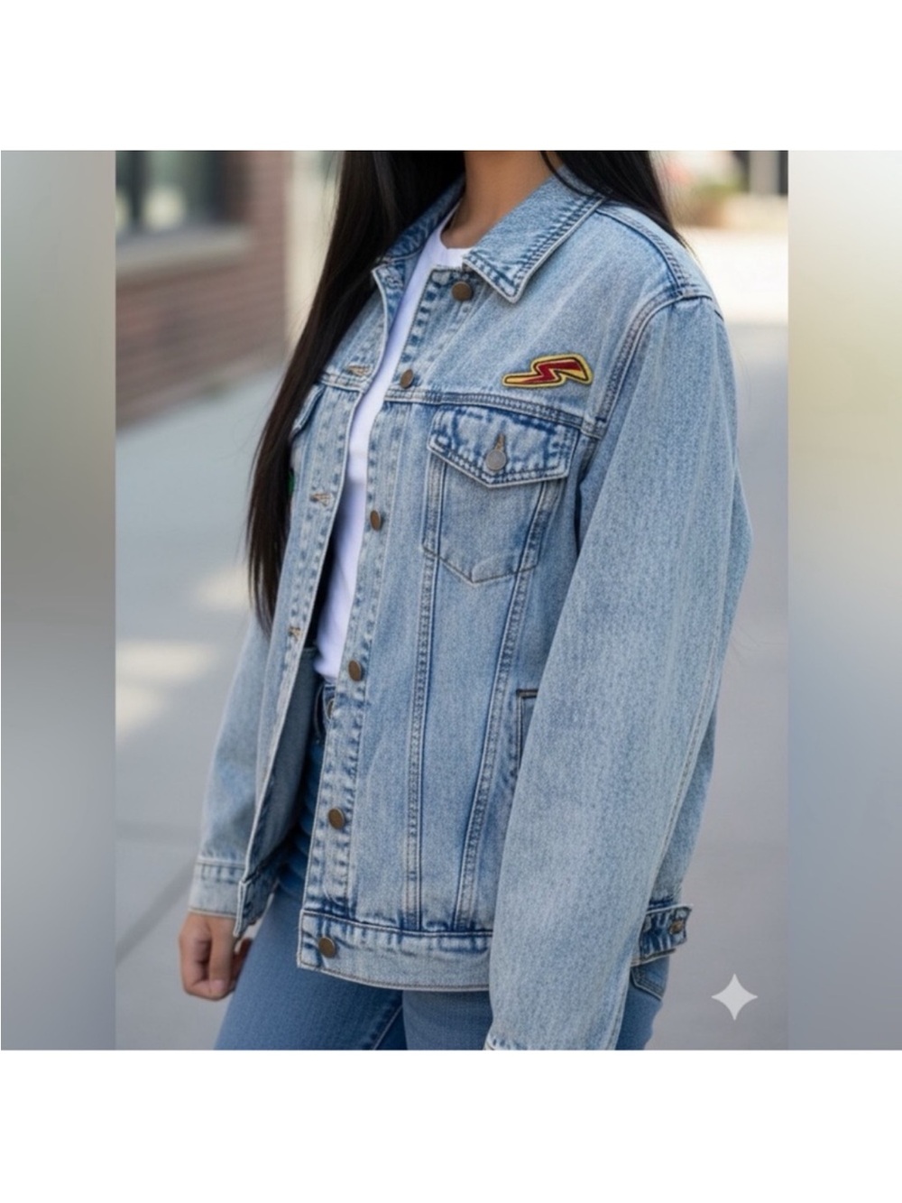 Honey Punch Light Blue Denim Jacket with Red-Yellow Patch
